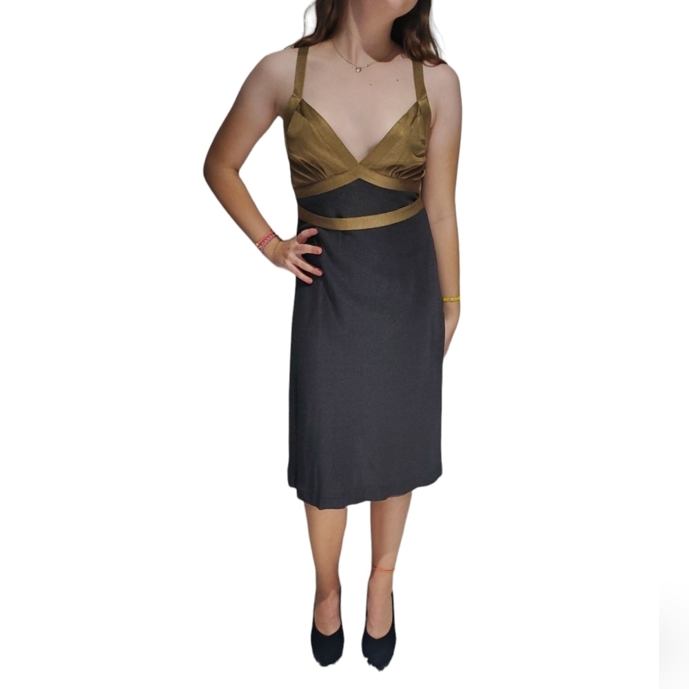 MARIE SAINT PIERRE black & Gold racerback Cockatil dress size Xs DESIGNER